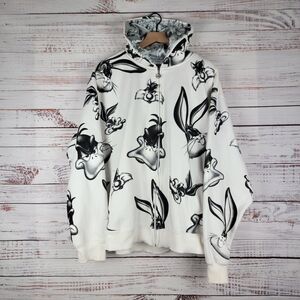Lot 29 Size XXL White All Over Print Hoodie Looney Tunes Y2K AOP Full Zip VTG